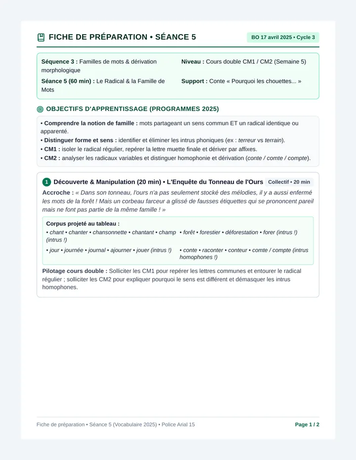 Chouette Vocabulaire Fiche Preparation