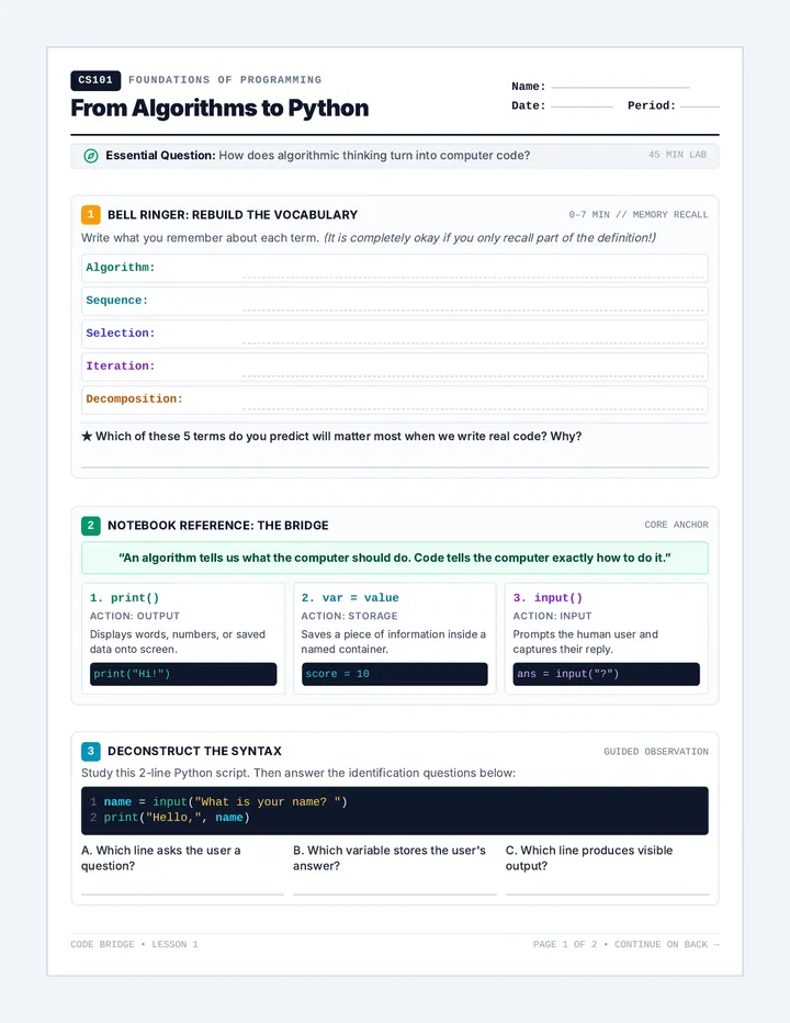 Code Bridge Worksheet