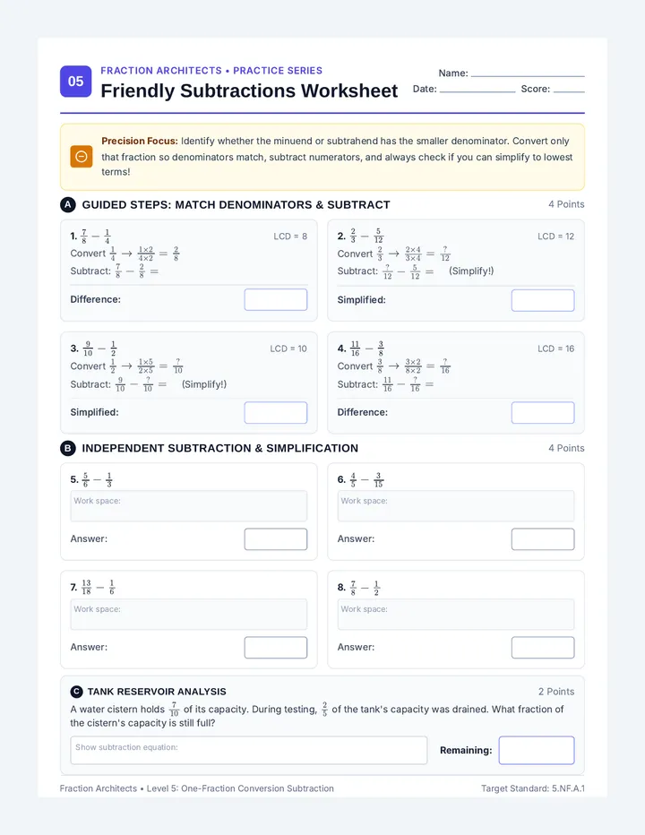 Friendly Subtractions Worksheet