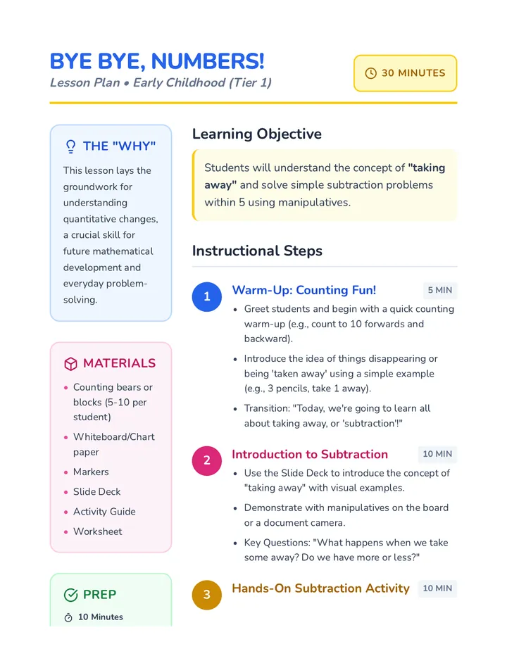 Bye Bye Numbers Lesson Plan