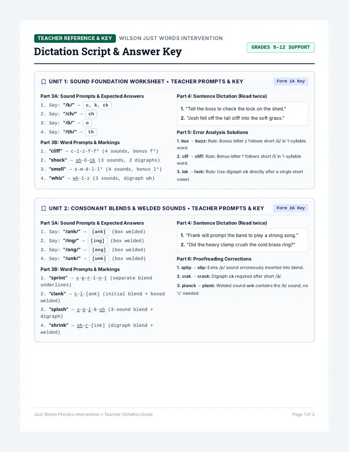 Teacher Dictation and Key Guide