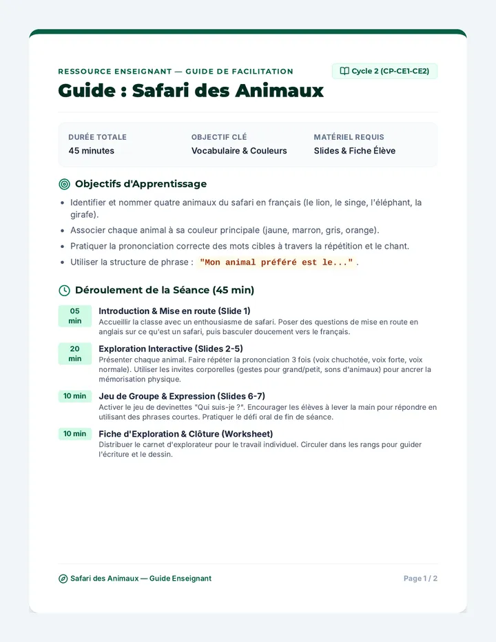 Safari Animaux Teacher Guide