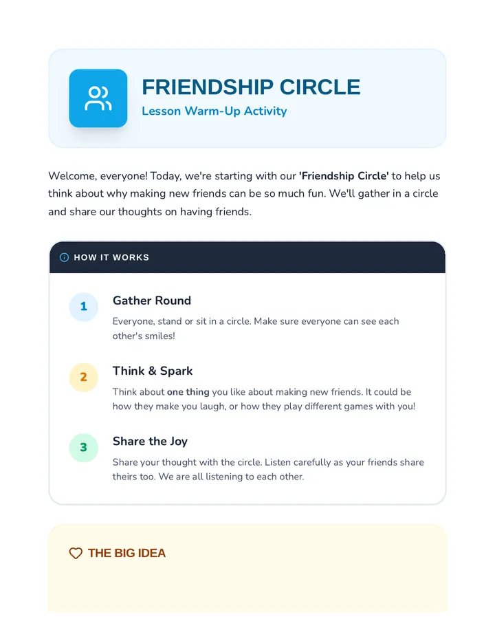 Friendship Circle Warm Up Handout