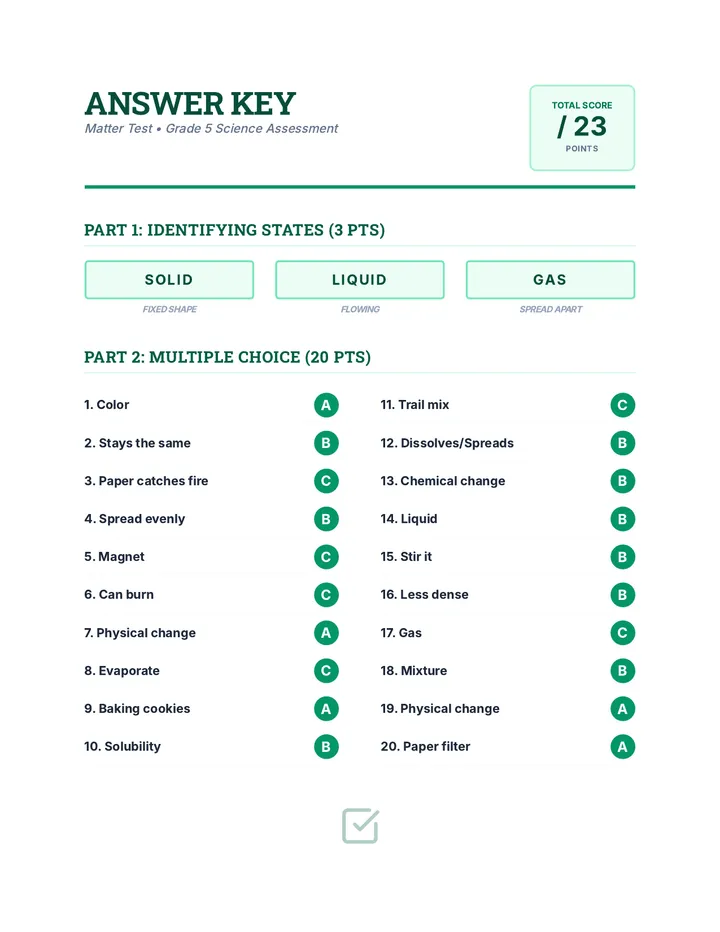 Matter Test Answer Key