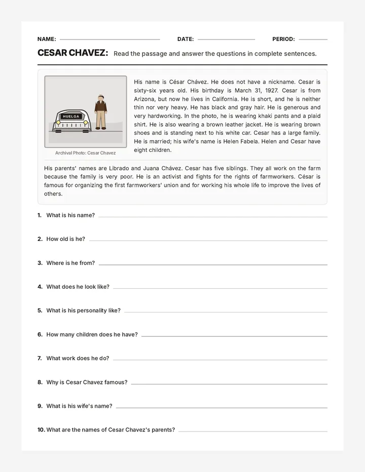 Cesar Chavez Worksheet