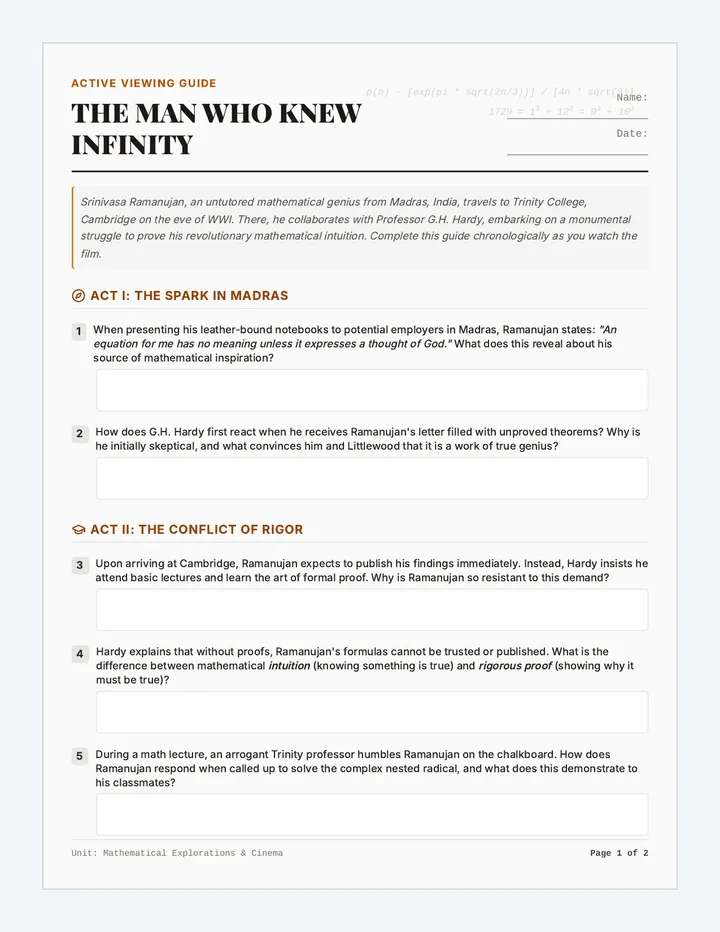 Infinity Genius Student Worksheet