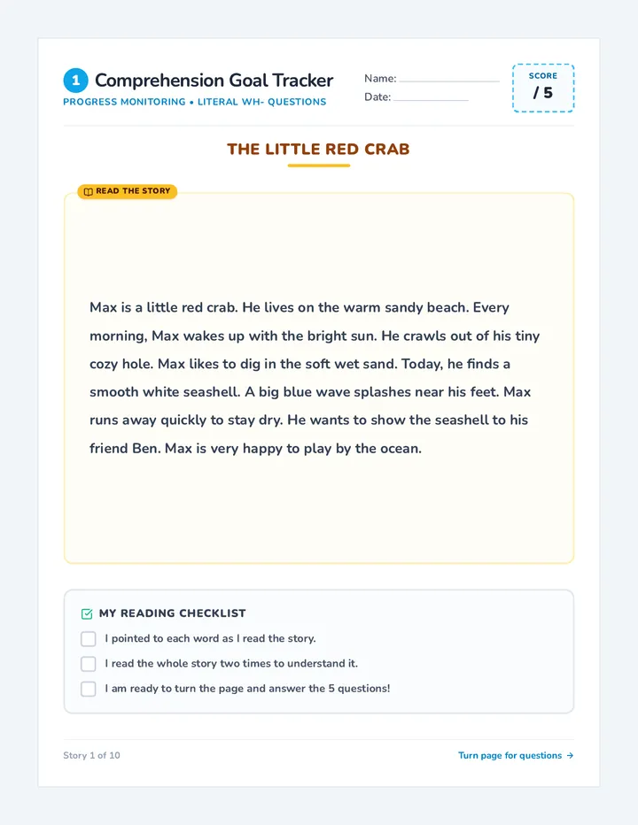 Crab Comprehension Sheet