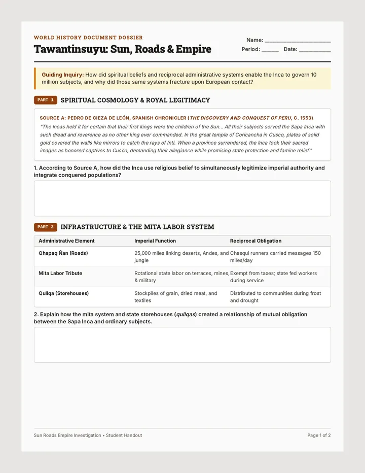 Tawantinsuyu Realm Worksheet