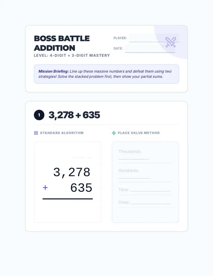 Boss Battle Addition Worksheet