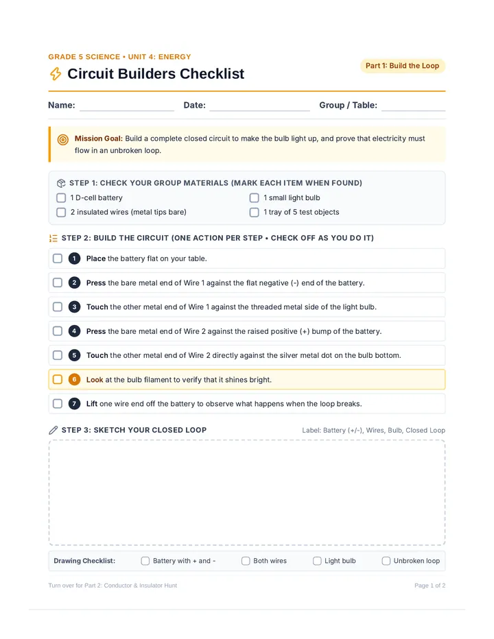 Circuit Builders Checklist Worksheet
