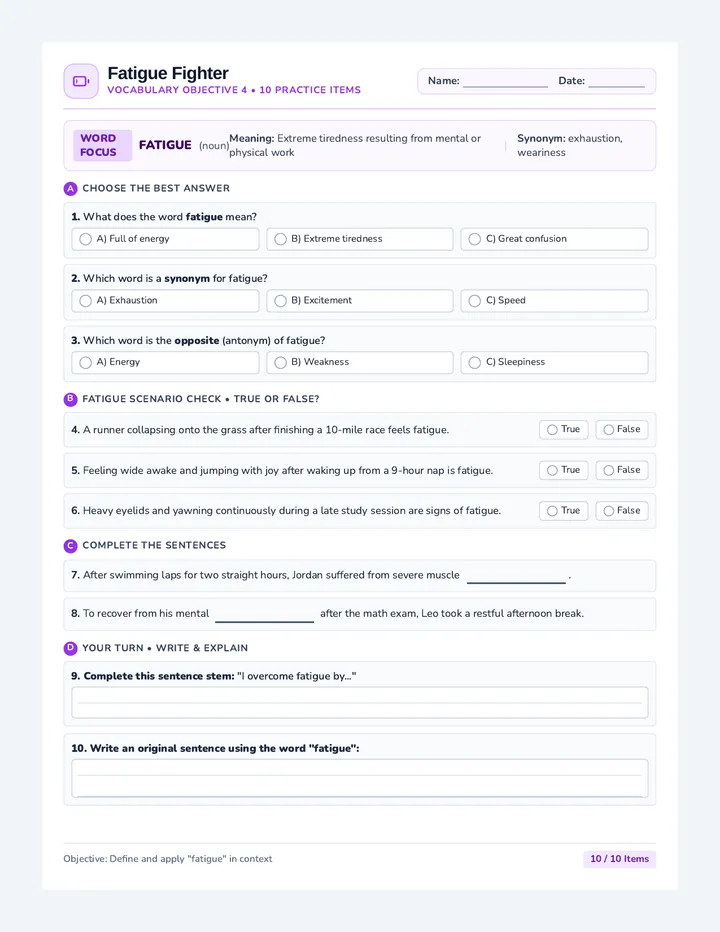 Fatigue Fighter Worksheet
