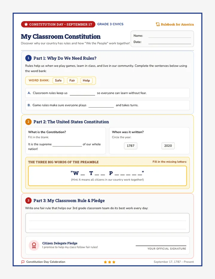Classroom Constitution Activity Sheet