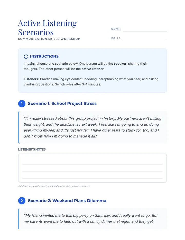 Active Listening Scenarios Worksheet