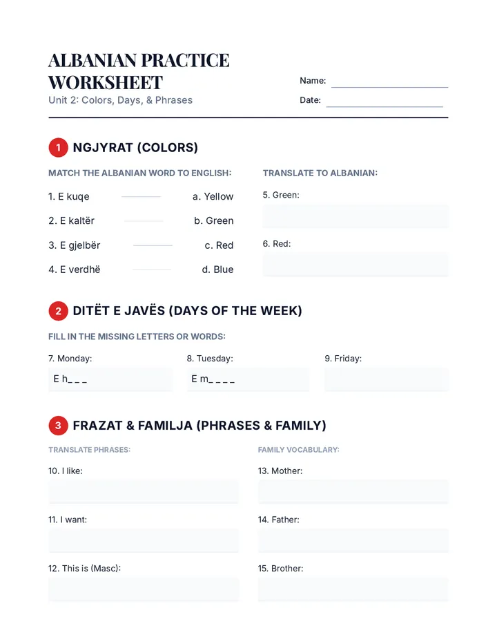 Albanian Practice Worksheet