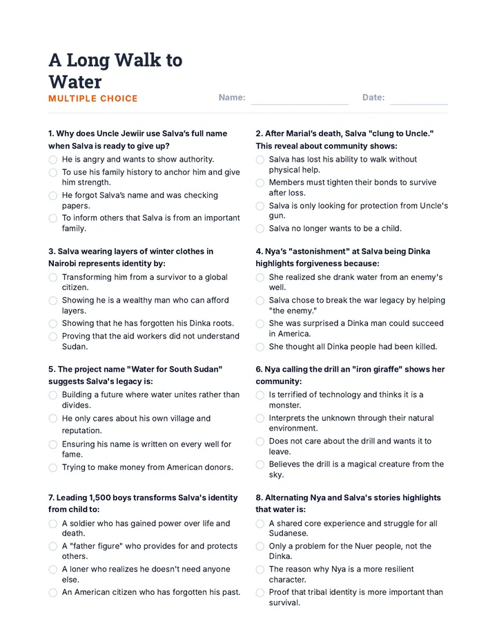 A Long Walk to Water Multiple Choice & Short Answer Final Dense