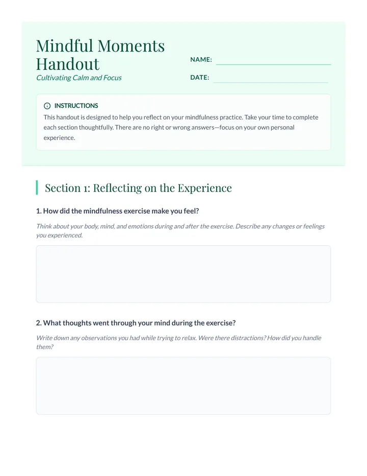 Mindful Activity Reflection Handout