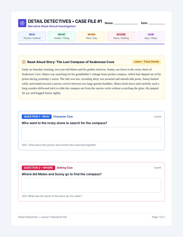 Story Sleuths Worksheet