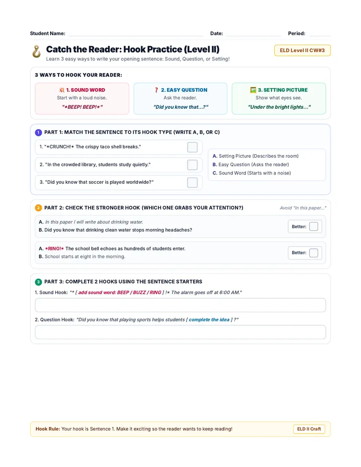 Hook Practice Worksheet