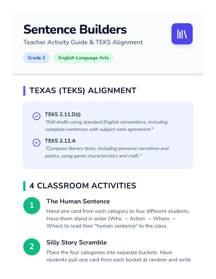 Sentence Builders Teacher Guide Document