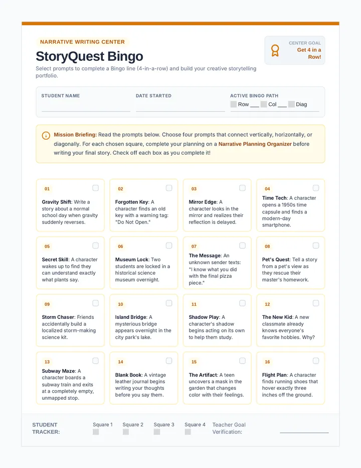 Narrative Bingo Board page 1