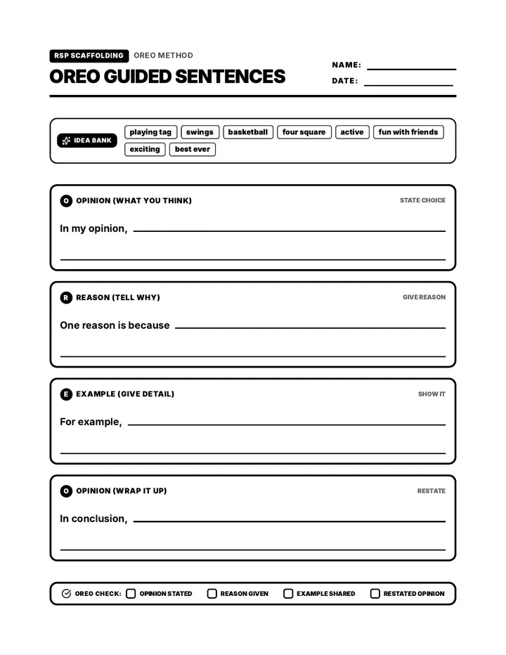 OREO Guided Sentence Worksheet