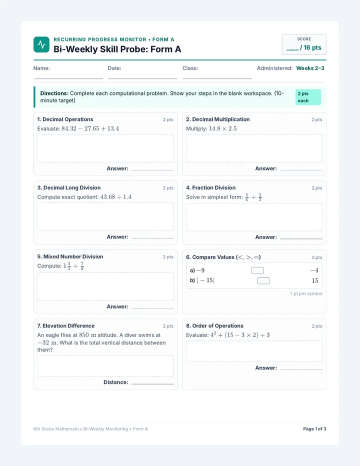 Biweekly Probe Student Sheet