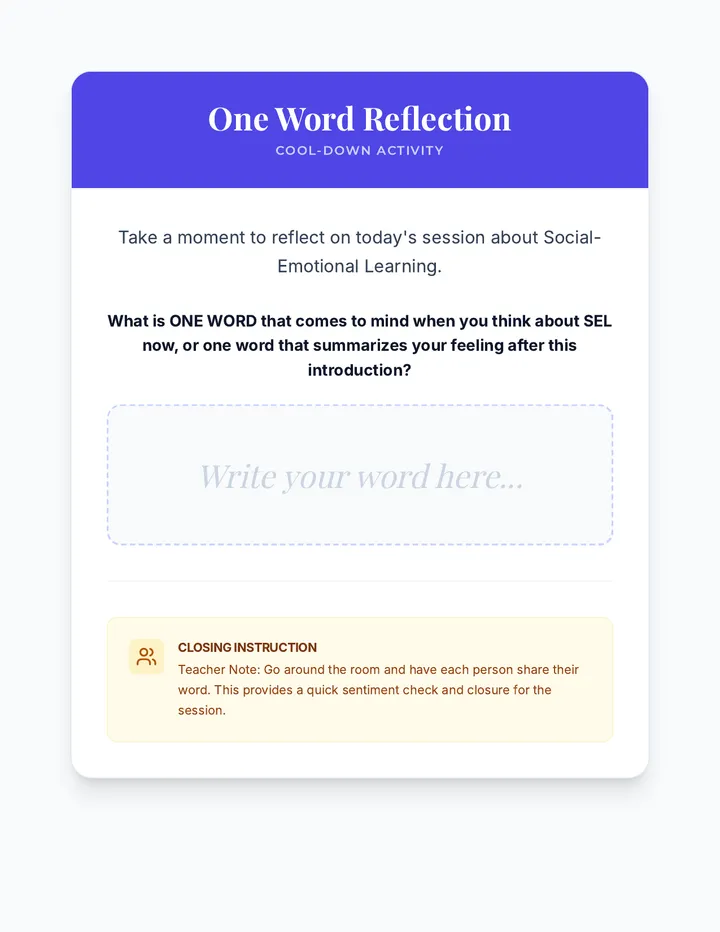 One Word Reflection Cool-Down