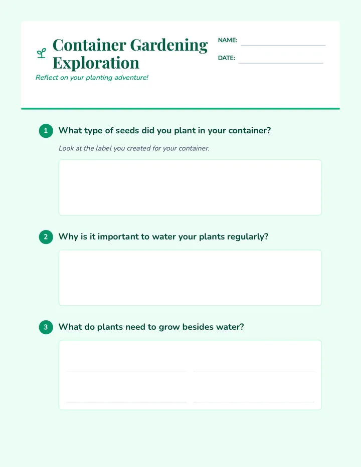 Container Gardening Exploration Worksheet