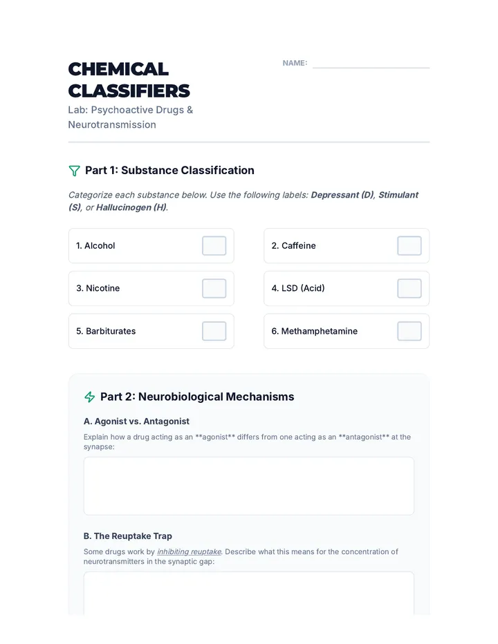 Drug Classification Worksheet