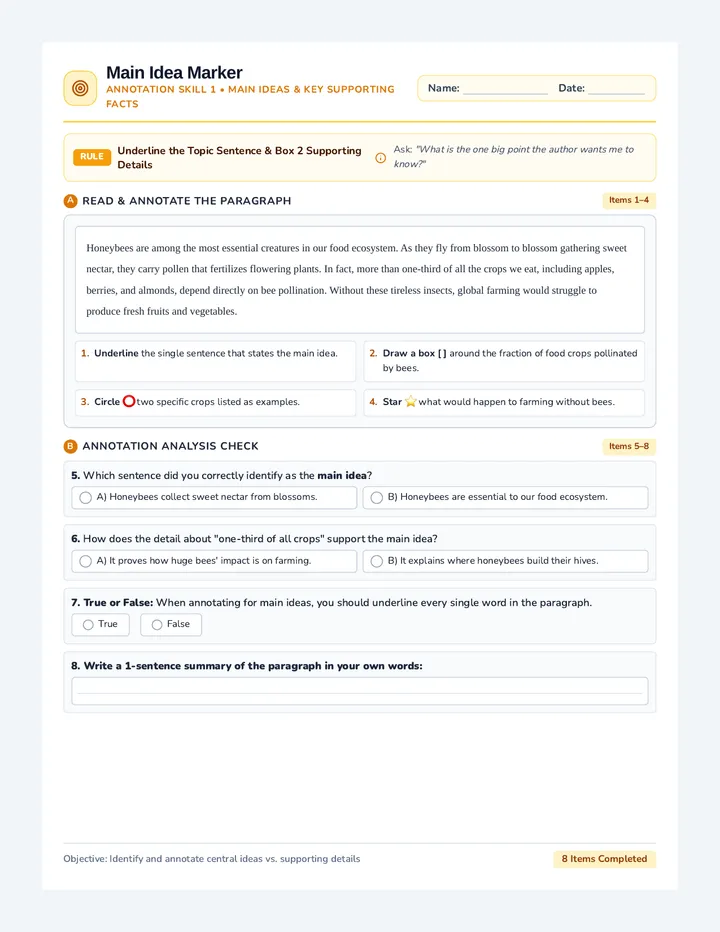 Main Idea Annotation Worksheet