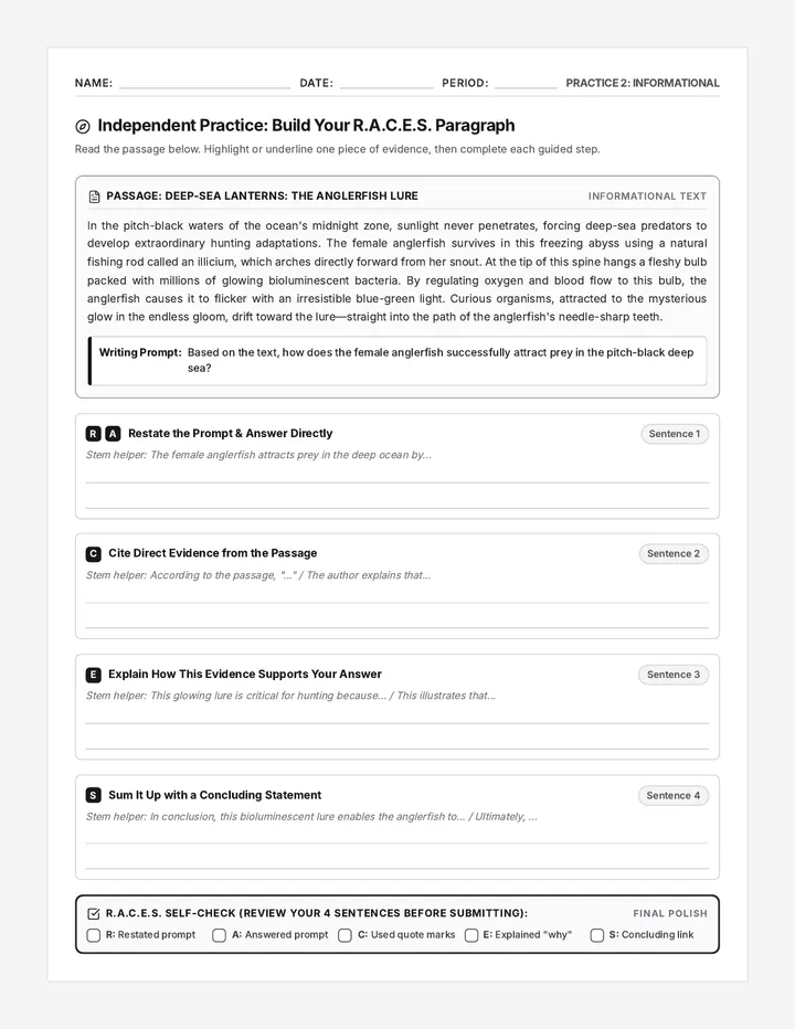 Anglerfish Bioluminescence RACES Worksheet