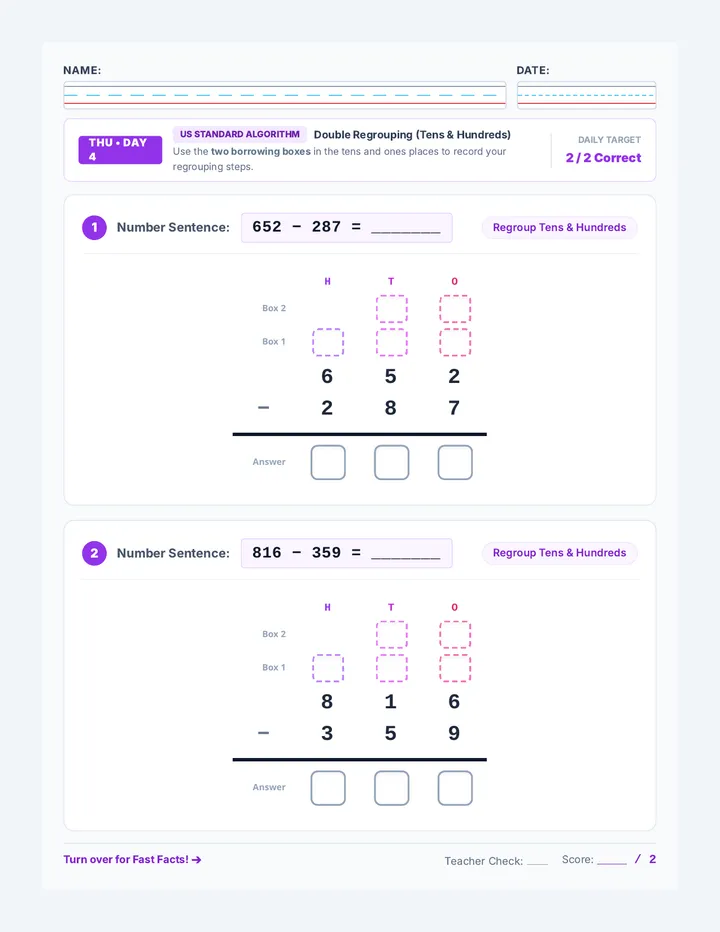 Thursday Subtraction Worksheet