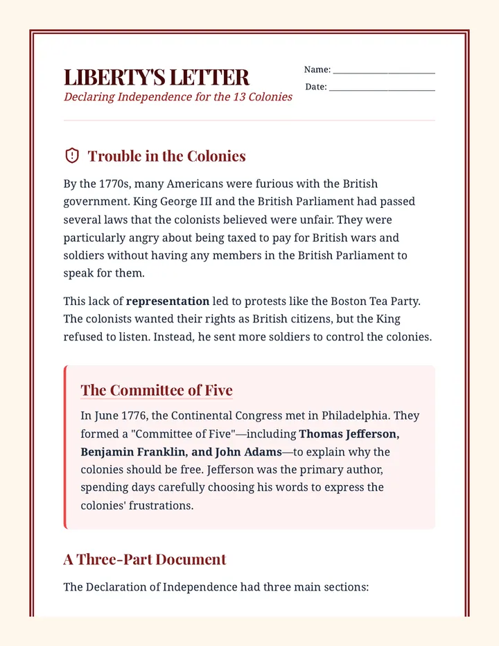 Liberty's Letter Worksheet