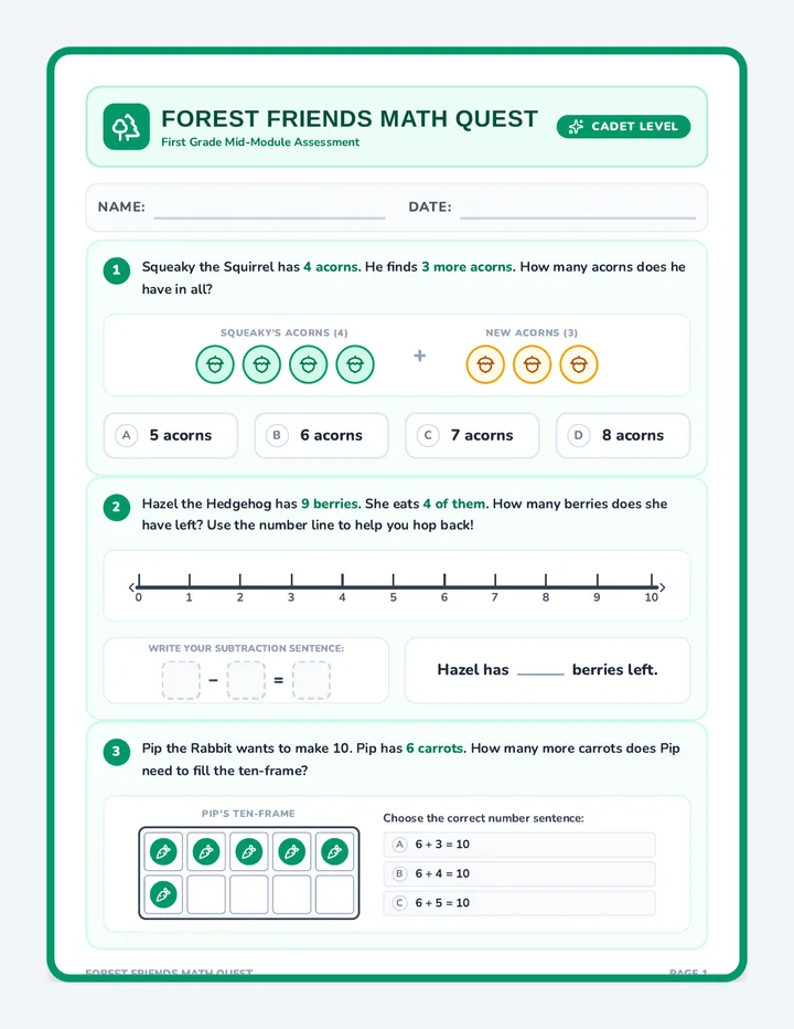 Forest Friends Math Quest Student Assessment