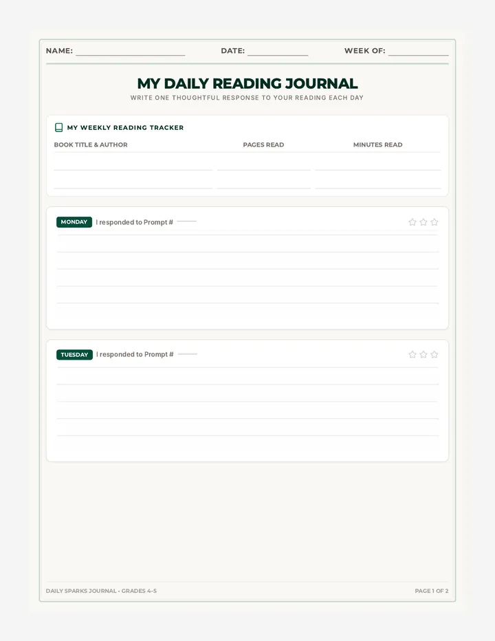 Daily Response Journal Worksheet