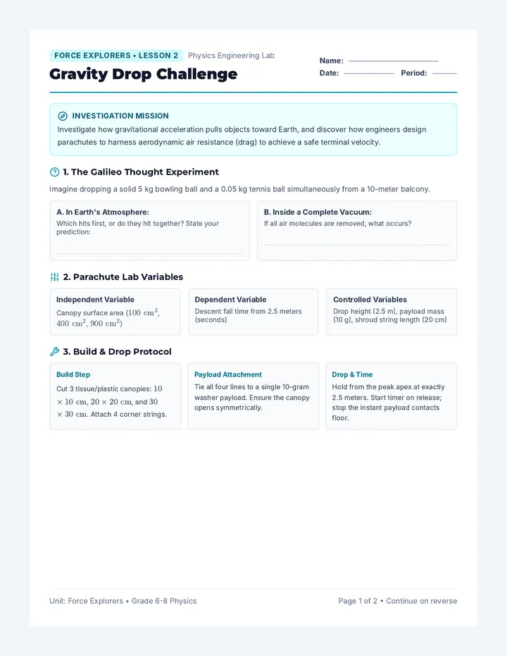 Gravity Drop Challenge Worksheet