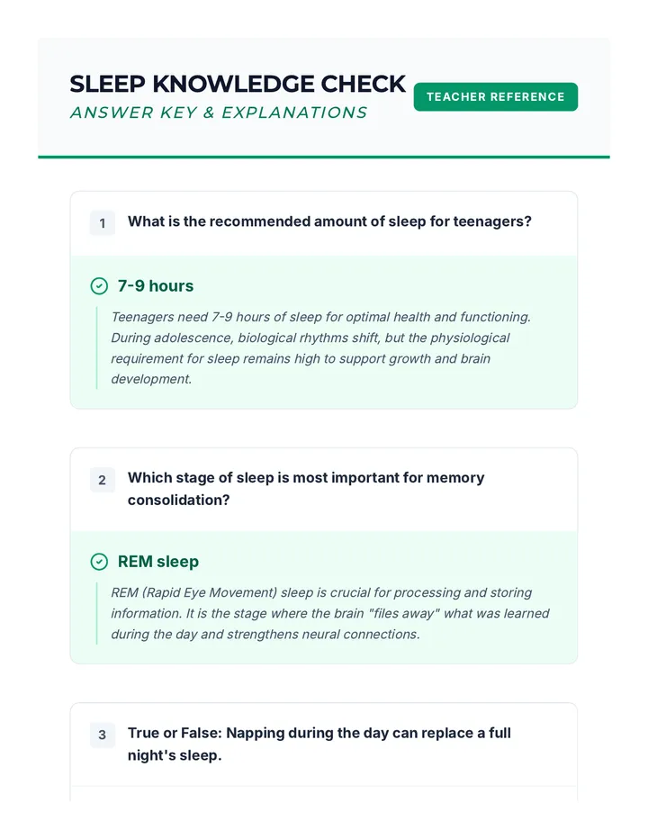 Answer Key Sleep Knowledge Check