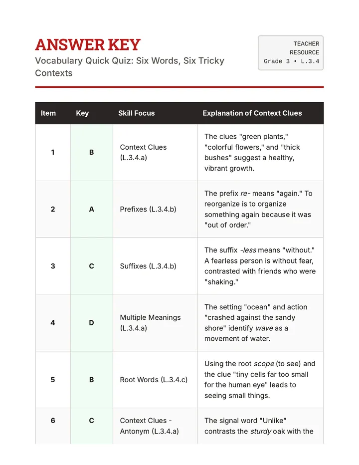 Vocabulary Quick Quiz Key