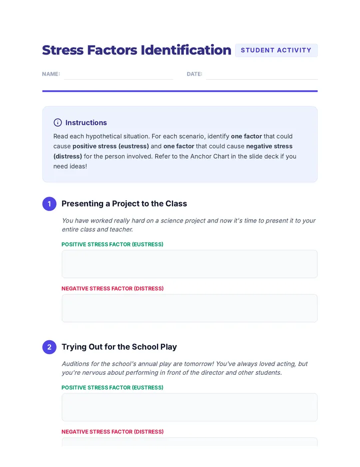 Stress Factors Identification Activity Worksheet