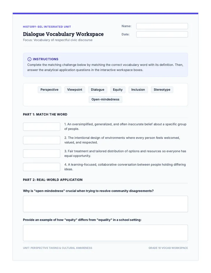 Civil Dialogue Vocabulary Sheet