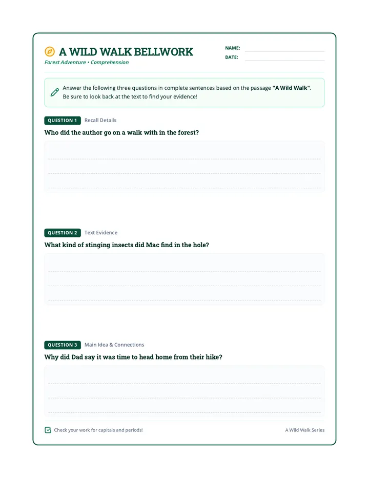 A Wild Walk Bellwork Worksheet