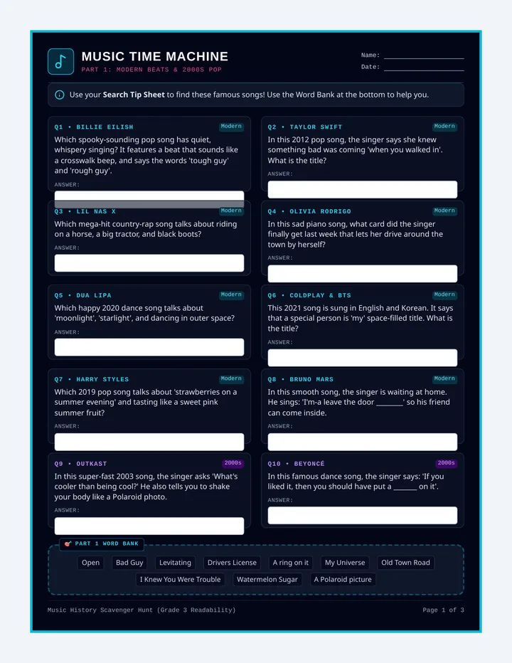 Music Scavenger Hunt Worksheet