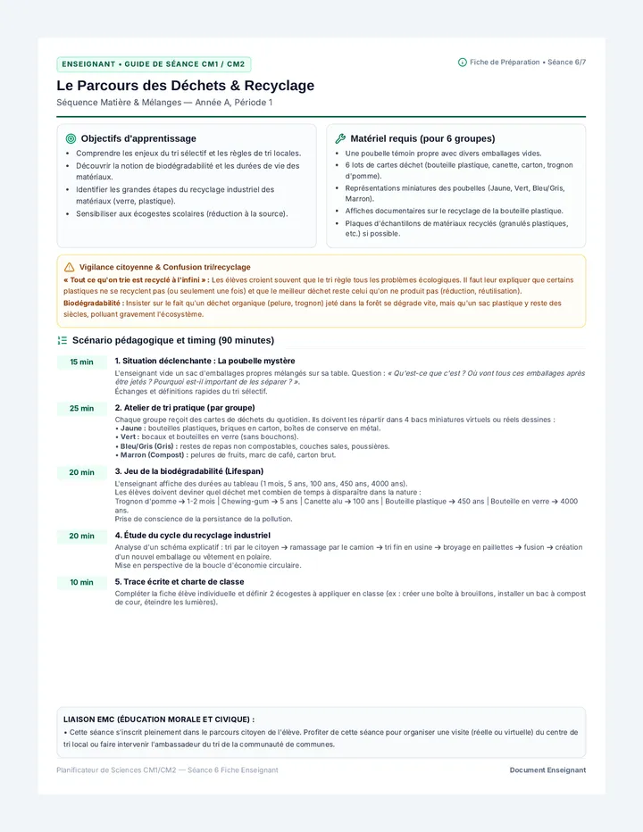 Déchets et Recyclage Fiche Enseignant