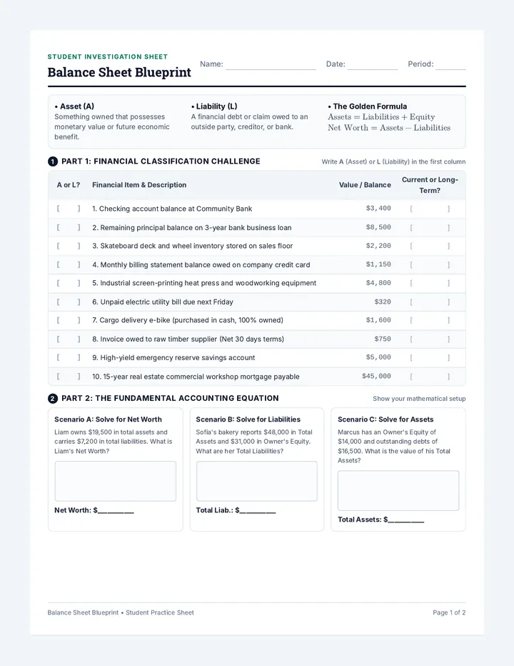 Balance Sheet Blueprint Worksheet