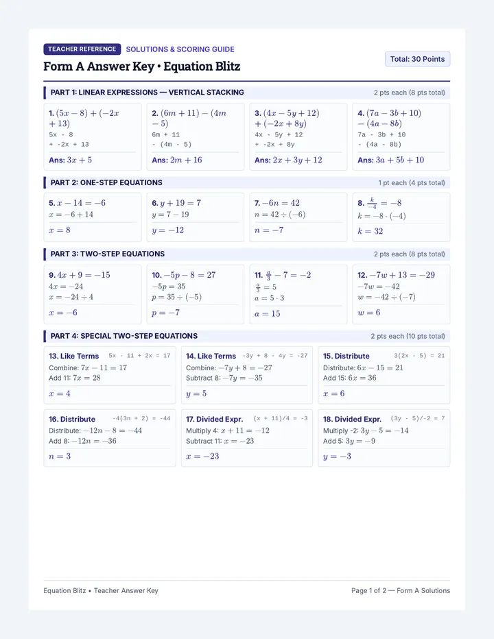 Equation Blitz Answer Key