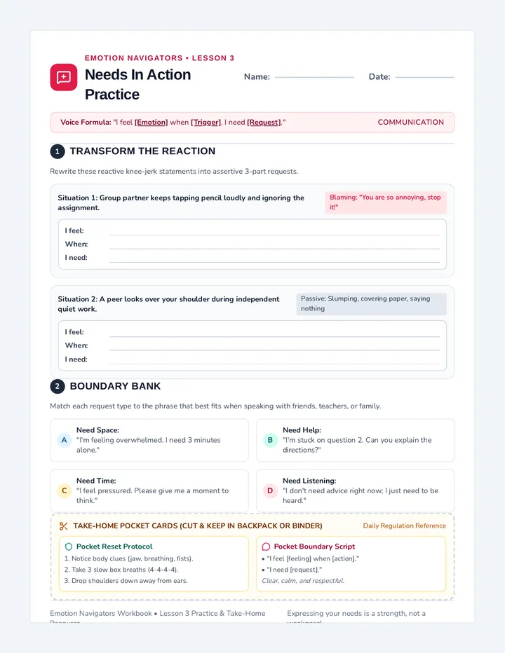 Needs In Action Worksheet