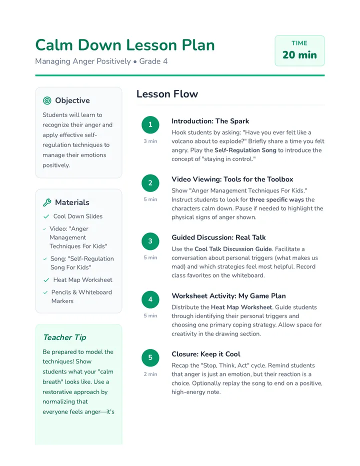 Calm Down Lesson Plan