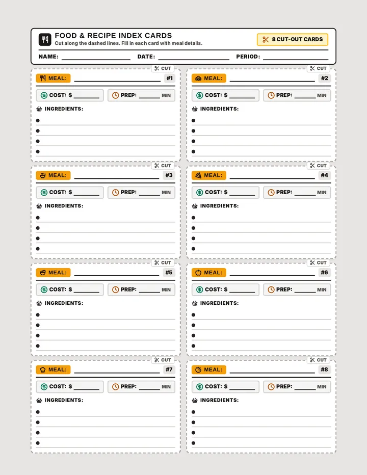Food Index Cards Handout