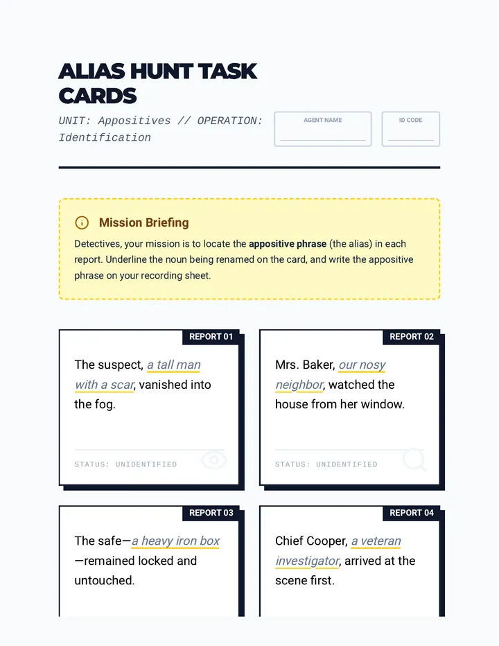 Alias Hunt Task Cards