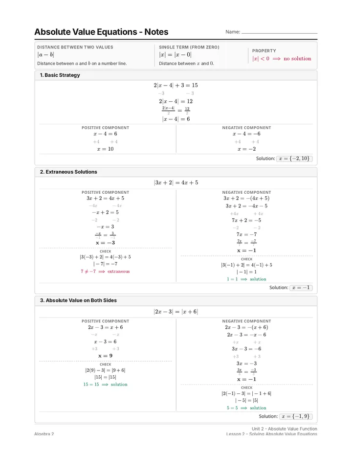 Absolute Value Equations Notes